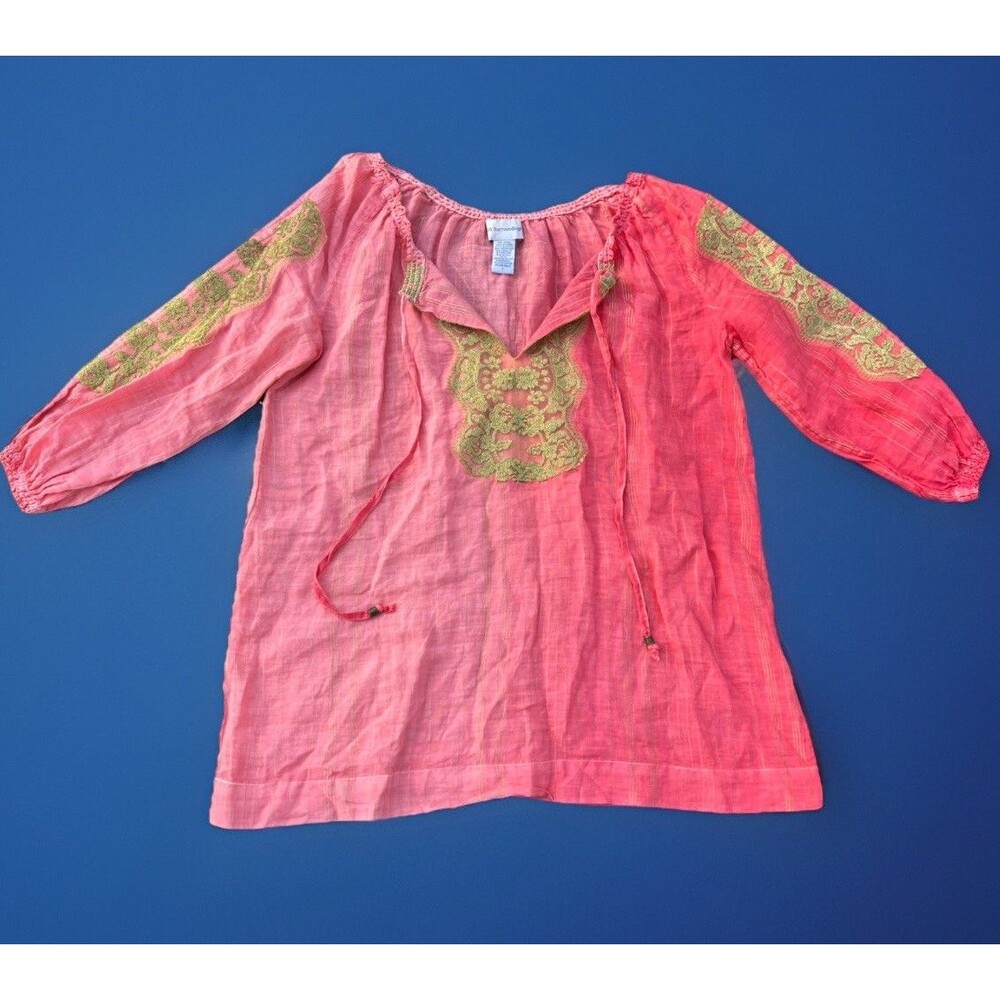 Soft Surroundings Pink Linen Blend Embroidered Boho Tunic Top Women’s Small